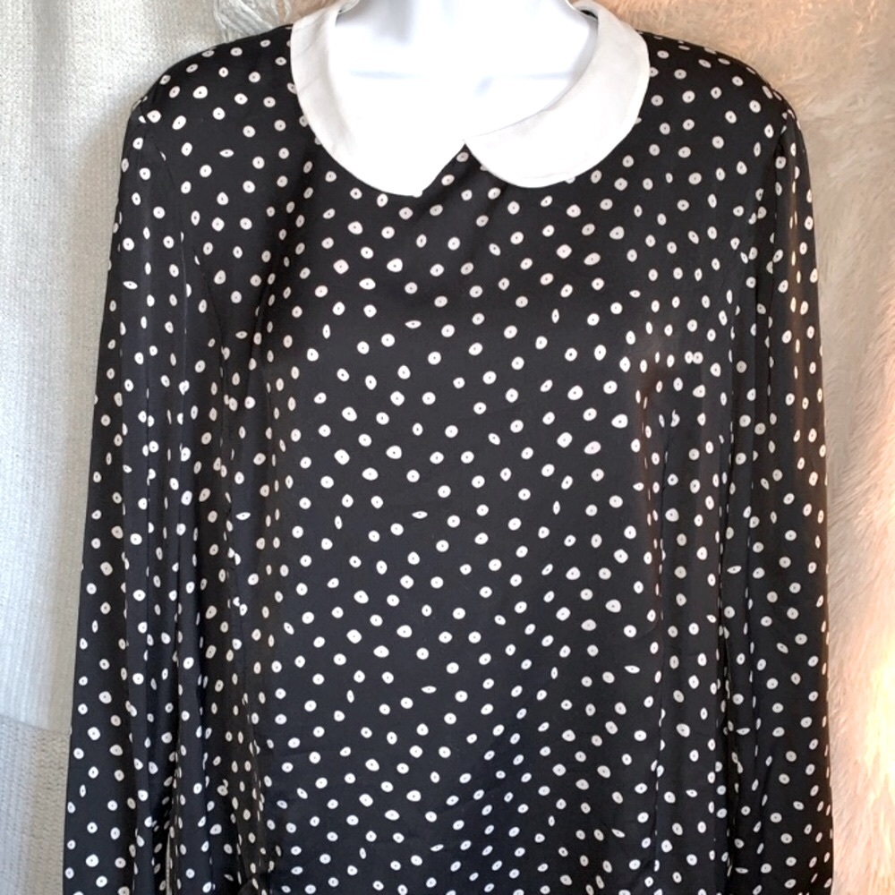 ZARA black dot dress white collar cuff detail L/XL